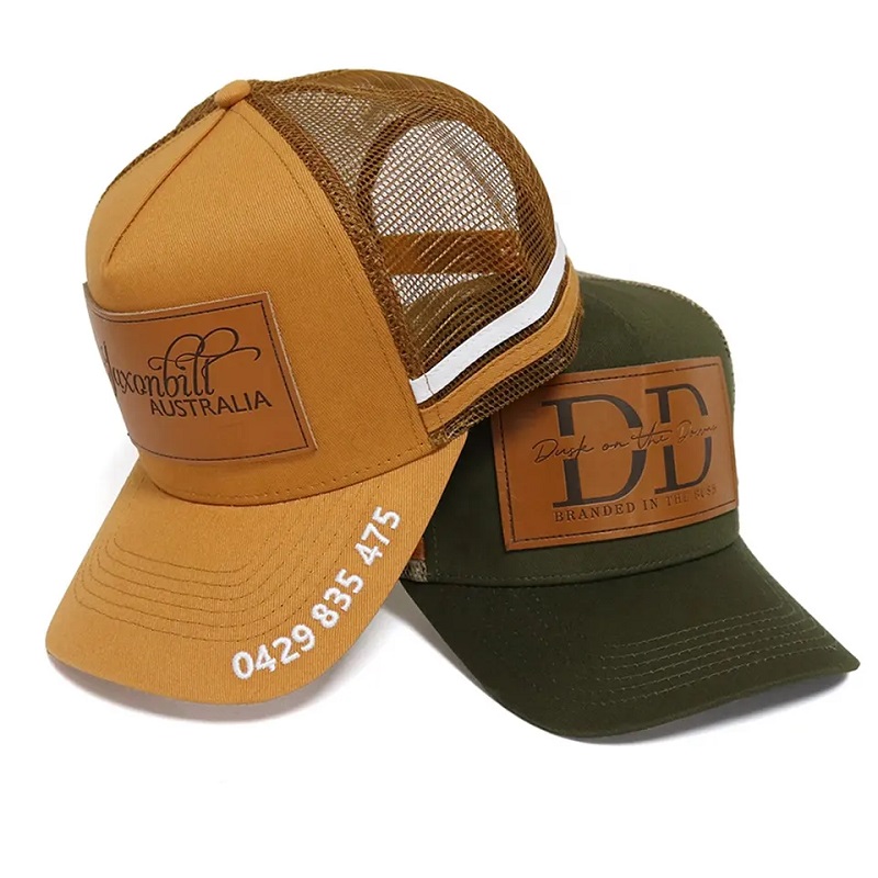 Hot Sale Přizpůsobte 5 panelů Vysoko korunní bavlněné kauzy CAPS Custom Leather Patch s 2 bočními klobouky Trucker Trucker