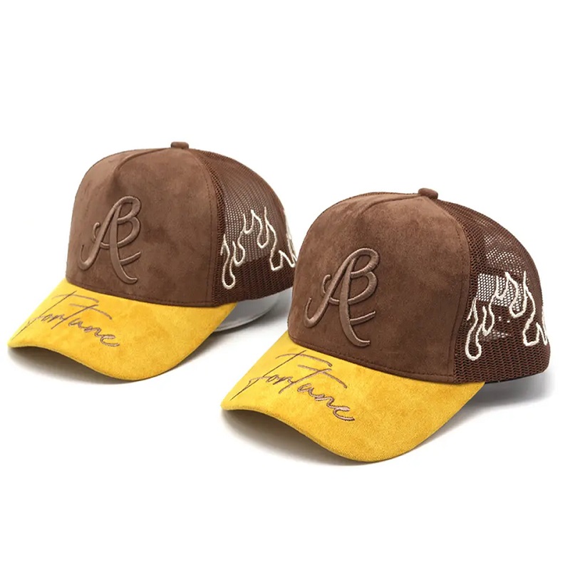 Továrna vlastní semišový trucker klobouk logo logo Brim Fair Mesh Trucker Hats